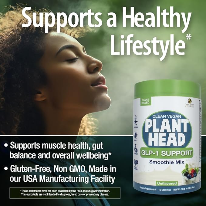Plant Head GLP-1 Support 12.5 Ounce Smoothie Mix | Unflavored | Plant Based | Vegan | Non GMO | Gluten Free | Mushroom Blend with HMB & Digestive Enzymes