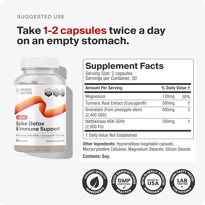 Spike Detox Supplement with Branded Nattokinase (NSK-SD), Bromelain, Branded Curcumin 500mg (Curcugen), and Molecular Hydrogen - Potent Foreign Protein Cleanse