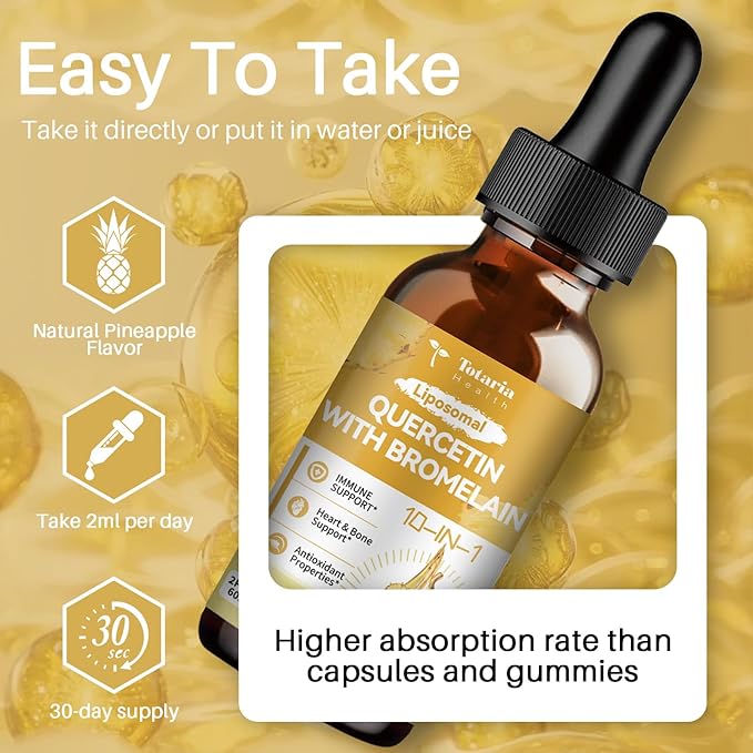 Liposomal Quercetin with Bromelain Liquid Drops - High Absorption Quercetin 1000mg & Bromelain 500mg Plus Elderberry,Vitamin C,Zinc for Immune & Antioxidant & Heart & Bone Support- 2 Fl Oz