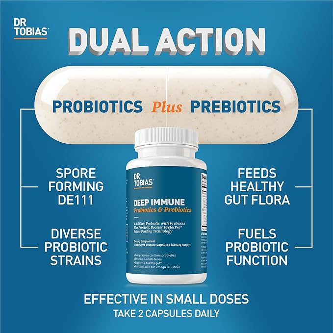 Dr. Tobias Deep Immune Probiotics & Prebiotics, Dual Action Digestion & Immune Support with PreforPro Prebiotics & Delayed Release Spore Forming Probiotics for Women & Men, 120 Capsules, 60 Servings