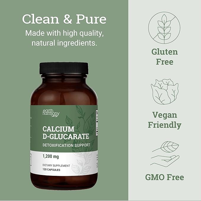 Earth Harmony Calcium D-Glucarate 1200mg - Advanced Detoxification Support & Double The Strength of Calcium D Glucarate 500mg - 120 Capsules (2-Month Supply)