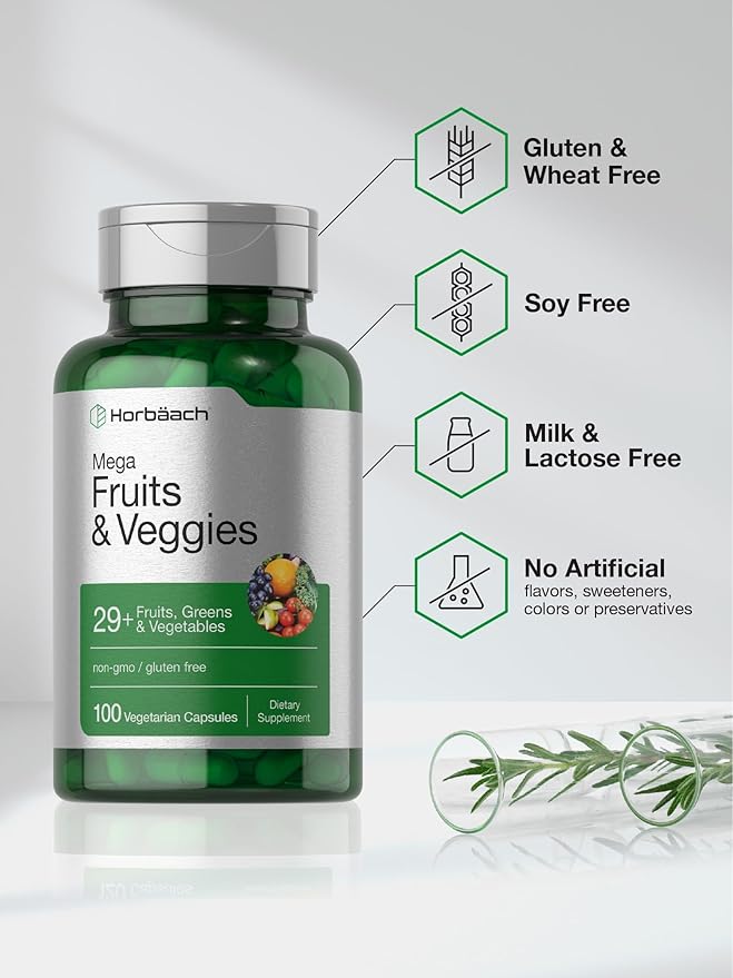 Horbäach Mega Fruits and Veggies Supplement | 100 Capsules | Vegetarian, Non-GMO and Gluten Free