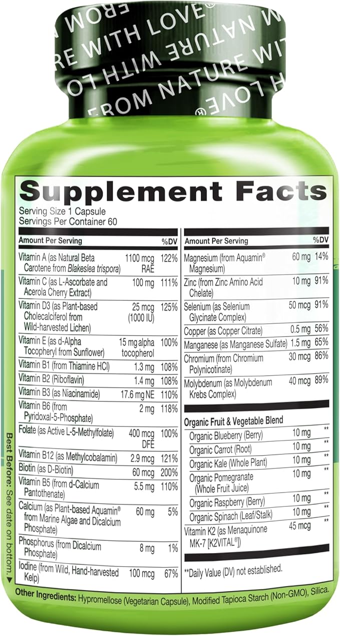 NATURELO Mens Multivitamins for Men 50+ - One Daily Multivitamin for Men with Vitamins, Minerals & Organic Whole Foods, Boost Energy & Health, Non-GMO, 60 Vegetarian Capsules