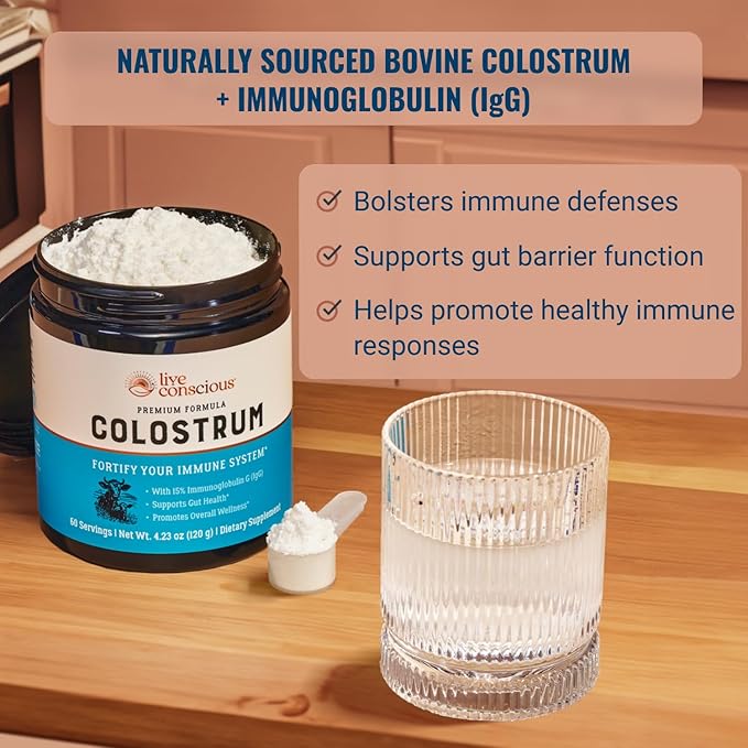 Live Conscious Colostrum Powder - Grass Fed Colostrum Supplement with Lactoferrin for Iron Absorption - Bovine Colostrum an Immune System Supplement