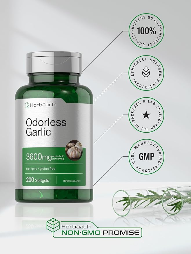 Horbäach Odorless Garlic Softgels 3600 mg | 200 Count | Ultra Potent Garlic Extract | Non-GMO & Gluten Free Supplement