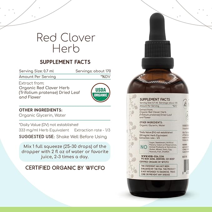 Red Clover Herb B120 USDA Organic Tincture | Alcohol-Free Extract, High-Potency Herbal Drops| Certified Organic Red Clover Herb (Trifolium Pratense) Dried Leaf and Flower (4 fl oz)