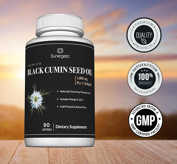 Sunergetic Premium Black Cumin Seed Oil Softgels – 1,000mg of Black Seed Oil Per Serving – Non GMO Cold Pressed Nigella Sativa – Includes Thymoquinone & Omega’s - 90 Softgels