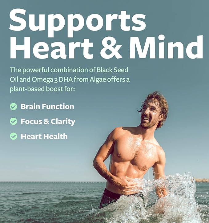 Black Seed Oil & Omega 3 Supplement with DHA - 900mg - 60 Liquid Capsules (Non-GMO & Vegan) - Natural Support for Cognitive Clarity, Focus & Vision Support