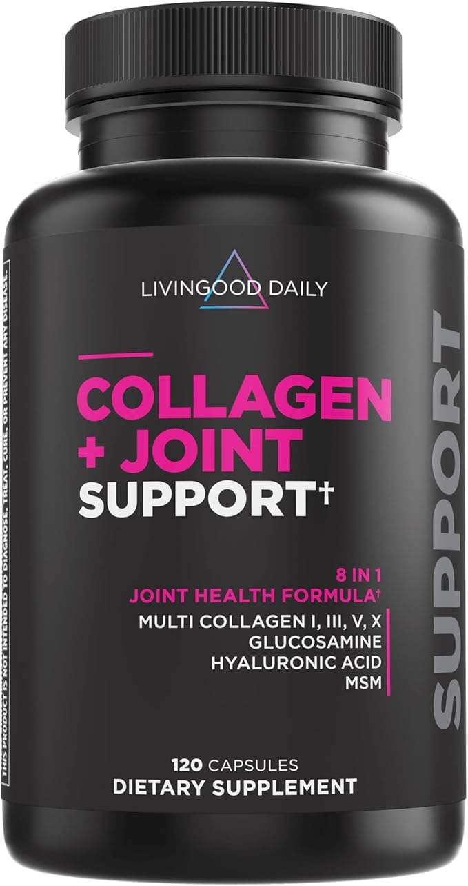 Livingood Daily Collagen Plus Joint Support - Grass-Fed Multi Collagen Peptides, Hyaluronic Acid, & MSM for Healthy Hair, Skin & Nails - Flexibility & Mobility - Keto, Gluten Free - 120 Capsules