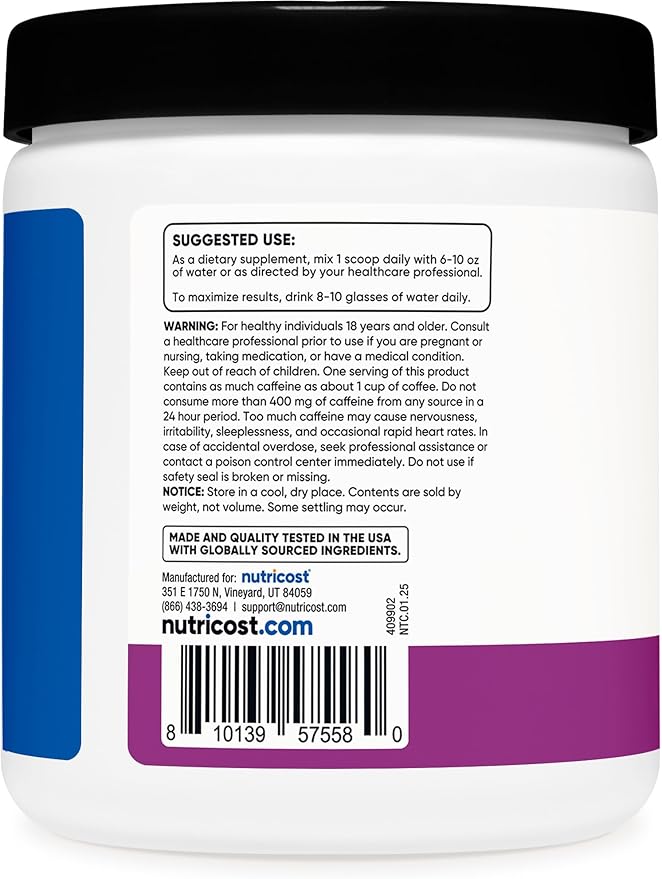 Nutricost Creatine + Energy 30 Servings (Grape Flavored) - 5,000mg Creatine Monohydrate + 350mg Energy Complex Per Serving