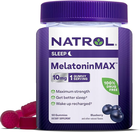 Natrol MelatoninMax Sleep Aid Gummy, 10mg per Gummy, Maximum Strength for Better Sleep, 10mg, 50 Blueberry Flavored Gummies (Pack of 12)