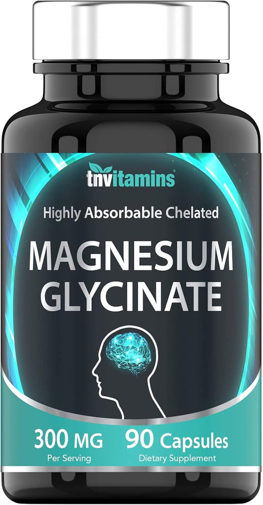 Magnesium Glycinate Capsules (300 MG Per Serving - 90 Count) | Pure Chelated Magnesium Bisglycinate Powder Supplement | Glicinato de Magnesio | for Sleep, Calm, Nerve, & Stress Support* | TNVitamins