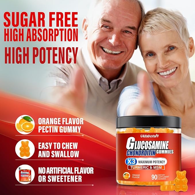 Sugar Free Glucosamine Chondroitin Gummgies, Extra Strength 1500mg with MSM &Turmeric, Orange Flavor, Gluten-Free Gummies (90 Count)
