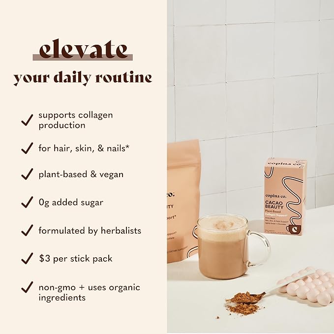 Cacao Beauty Vegan Collagen Booster Drink Blend: Plant-Based Collagen Support Smoothie Drink Vegan Blend Variety Pack | Cacao Flavor | 10 Individual Stick Packs per Carton