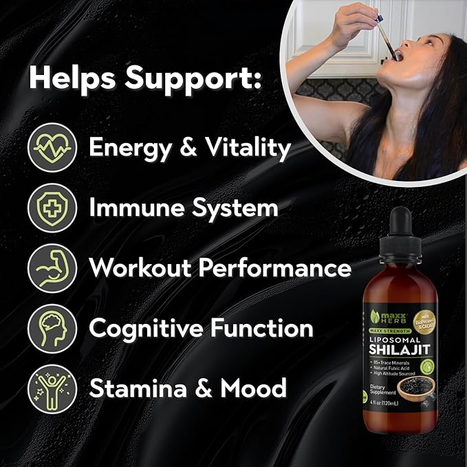 Maxx Herb Pure Himalayan Shilajit – Liquid Liposomal Formula with Black Pepper BioPerine & Cacao - Energy Boost & Immune Support, 85+ Trace Minerals, 20% Fulvic Acid – 4 Oz Bottle (60 Servings)