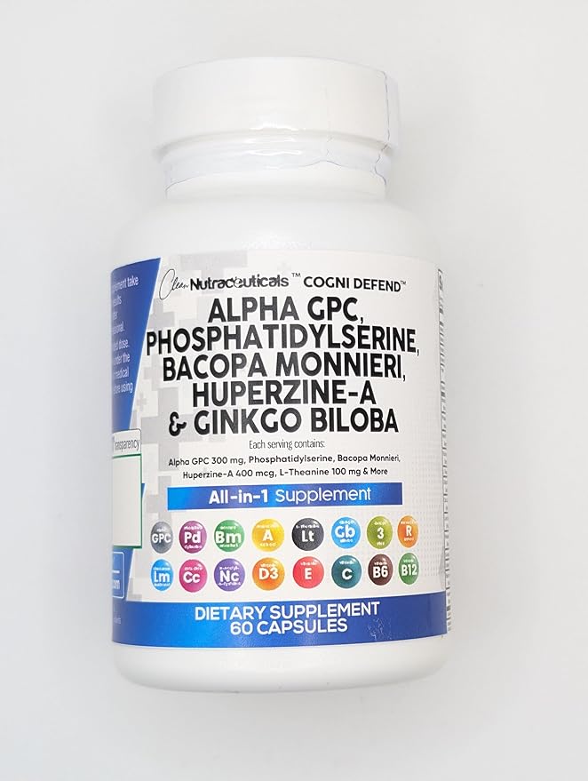 Clean Nutraceuticals Alpha GPC Choline Phosphatidylserine Bacopa Monnieri Ginkgo Biloba Huperzine A Supplement with Urdine Lions Mane Cats Claw NAC Vitamin C B D E