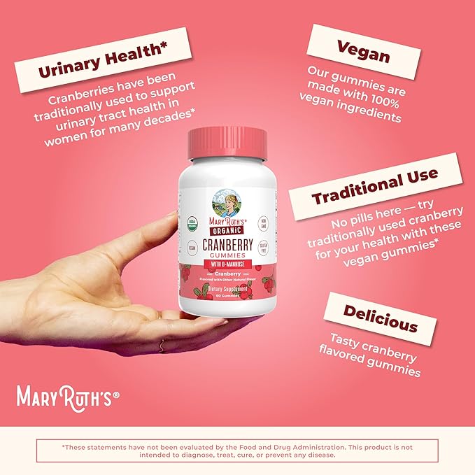 Organic Cranberry Gummies by MaryRuth's | 500mg Cranberry Supplement | Urinary Tract Health for Women | with D Mannose | Traditional Use | USDA Organic | Vegan | Non GMO | 30 Servings