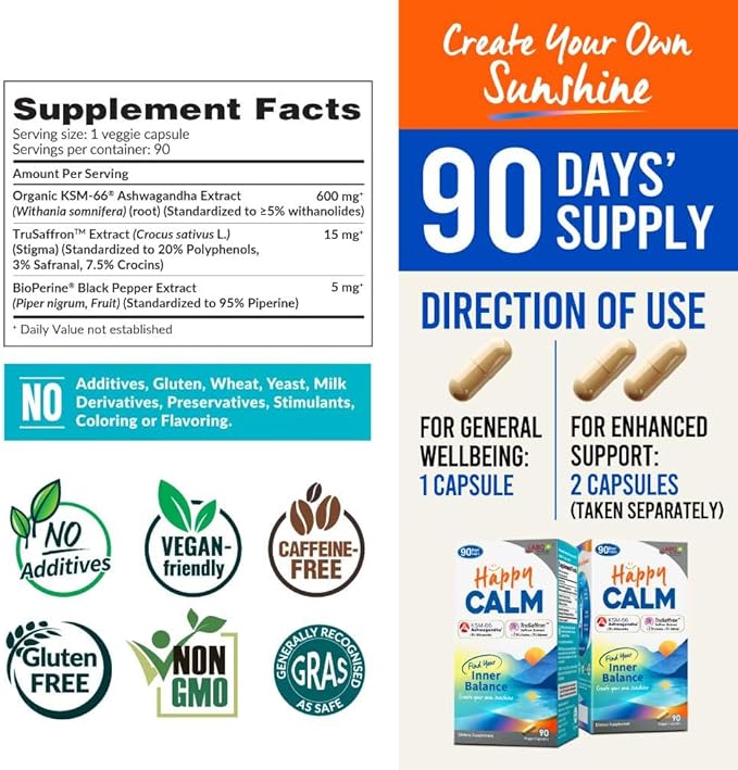 LABO Nutrition Happy Calm with KSM-66 Ashwagandha, Saffron Extract and Black Pepper Extract for Stress, Cognitive Health, Immune Boost, Quality Sleep, 5% Withanolides, 90 Vegan Capsule