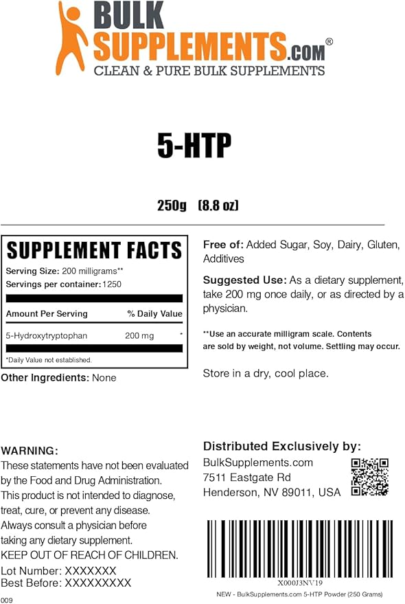 BulkSupplements.com 5-HTP Powder - 5-Hydroxytryptophan, 5 HTP Supplement - 5-HTP 200mg, Mood Support Supplement - Gluten Free, 200mg per Serving, 250g (8.8 oz) (Pack of 1)