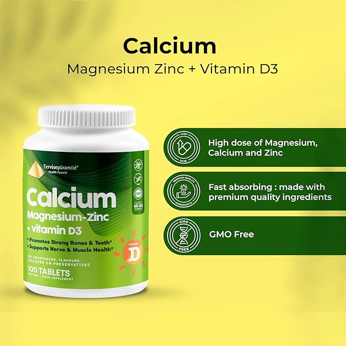 Health Pyramid Calcium Magnesium Zinc with Vitamin D3 Supplement for Strong Bones and Teeth Cal Mag Zinc Supports Nerve and Muscle Health 100 Vegan Tablets