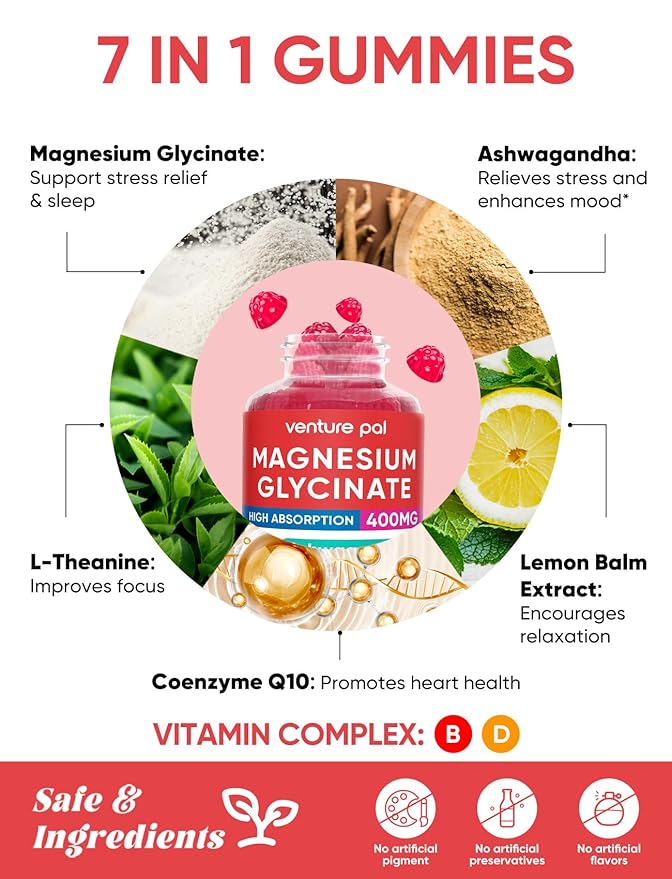 Venture Pal 60 Day Supply Magnesium Glycinate Gummies with Ashwagandha for Adults and Kids, L-Theanine, CoQ10, Sugar Free Magnesium Supplement 400mg for Calm Mood & Sleep, Gluten-Free & Vegan
