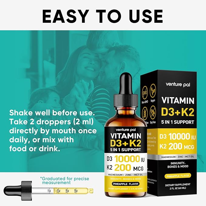 Venture Pal High-Potency Vitamin D3 10,000 IU & 200 mcg K2 (MK-7) Liquid Drops with Magnesium, Zinc & MCT Oil | Immune System Health, Bone Support, Mood Improvement | 2 Fl Oz Pineapple Supplement