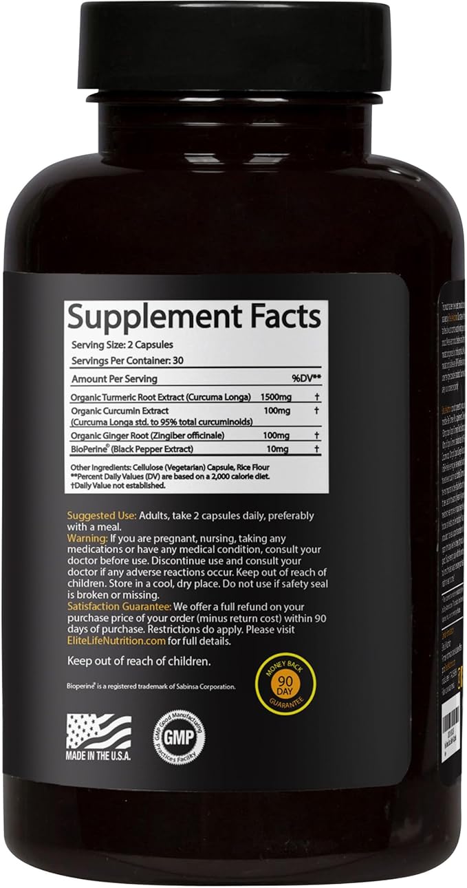 Elite Turmeric Plus - 1700mg Organic Turmeric, Organic Curcumin and Organic Ginger with Bioperine for Maximum Absorption and Strength - 60 Capsules
