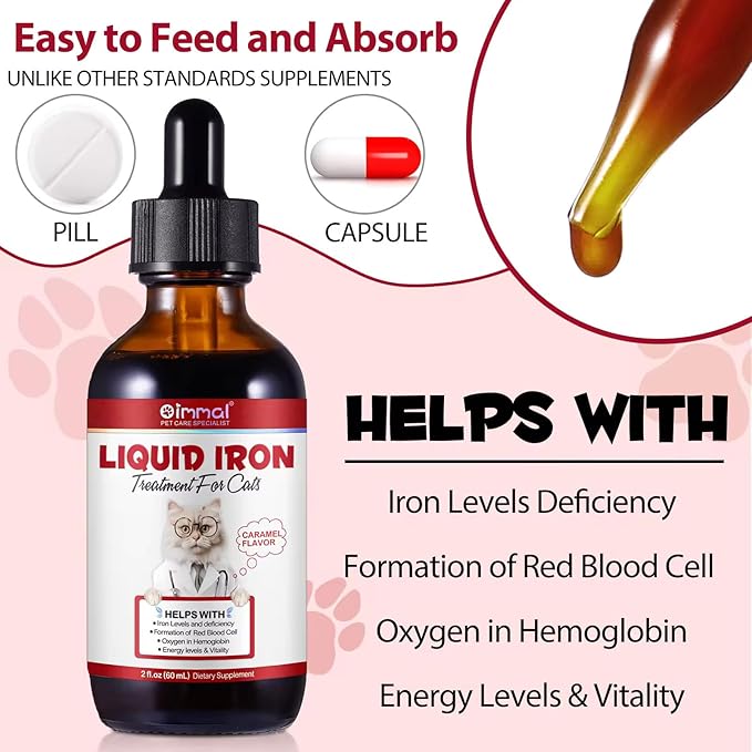 Liquid Iron Supplements for Cats and Kittens - with Folate and B12 – Supplements Anemia, Promotes Blood Health, Oxygen Supply and Blood Cell Formation – Increase Low Energy Levels – Lethargy - 2 oz