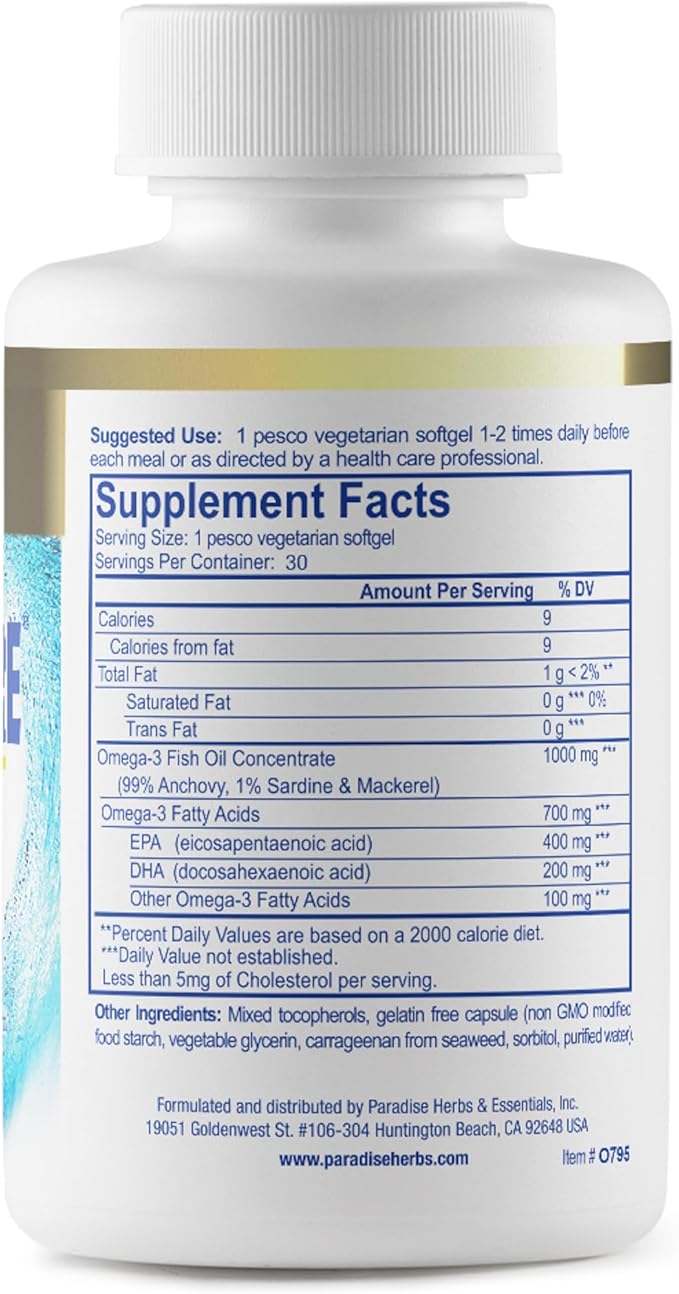 Paradise Herbs Omega-Sure, Omega-3 Concentrate, Premium Fish Oil, DHA, EPA, Vegan, Non GMO, Gluten Free, 30 Count Vegetarian Softgels