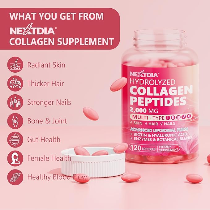 2 Pack Liposomal Collagen Peptides Pills for Women 2000mg, Multi Hydrolyzed Collagen Type I, II, III, V, X with 2500mcg Biotin - Collagen Supplements Softgels with Hair, Skin & Nails Vitamins, 240 Cts