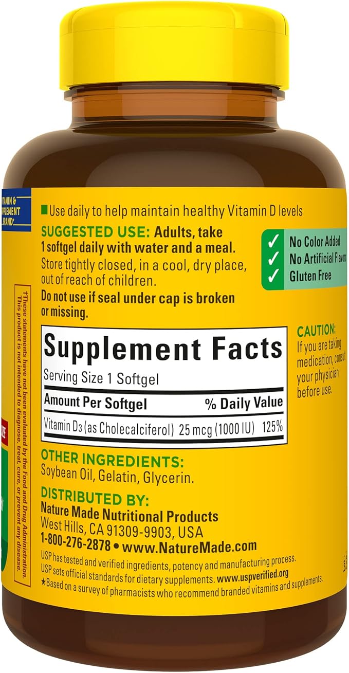 Nature Made Vitamin D3 1000 IU (25 mcg), Dietary Supplement for Bone, Teeth, Muscle and Immune Health Support, 300 Softgels, 300 Day Supply