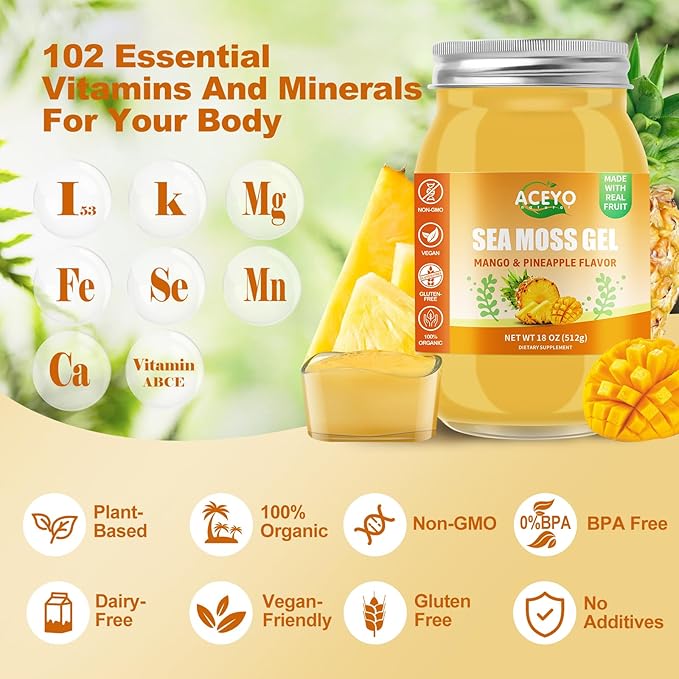 (18 OZ) Irish Sea Moss Gel Raw Vegan Mango Pineapple Flavor 102 Vitamins and Minerals Wild Harvested Non-GMO