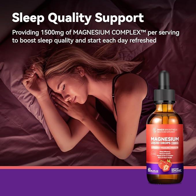 Magnesium Glycinate Liquid Drops 1500mg with Magnesium Citrate & Taurate, L-Theaine, Vitamin D3, B6, Supports Calm, Sleep, Muscle Relaxation, Leg Cramps & Energy, Strawberry Flavor, 60 mL