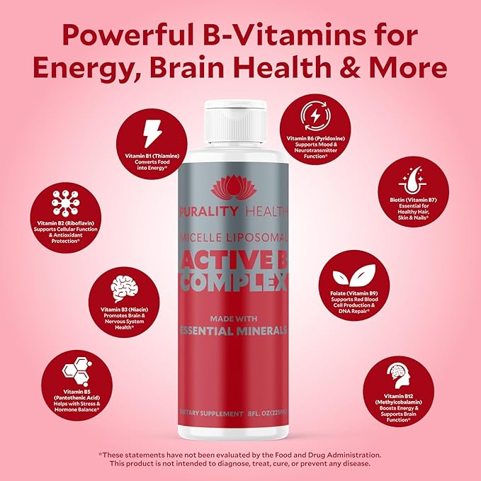 Vitamin B Complex Liquid Supplement, Purality Health, Liposomal Enhanced Absorption, B1, B2, B3, B5, B6, B12 & Biotin + Essential Minerals, 15 Day Supply