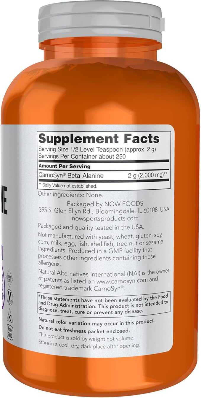 NOW Foods Sports Nutrition, Beta-Alanine Pure Powder 2,000 mg, Muscular Endurance*, 500 Grams