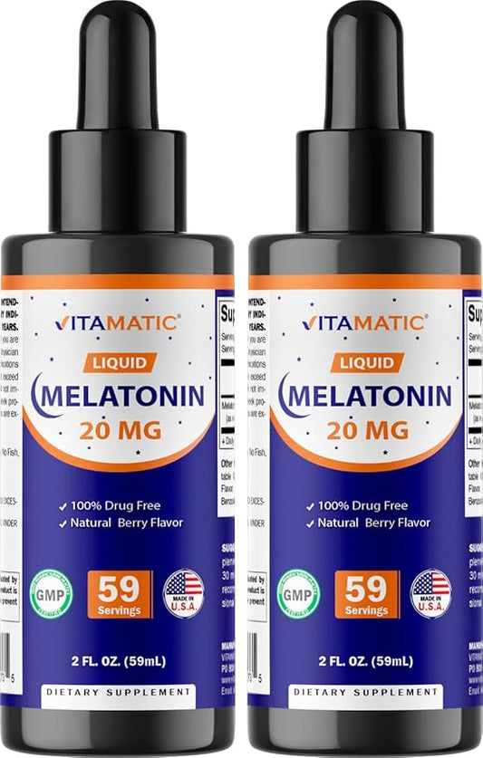 Vitamatic 2-Pack Melatonin 20mg Liquid Drops - 2 fl oz (59 ml) Each - Natural Berry Flavor - Non-GMO, Vegetarian Supplement for Adults