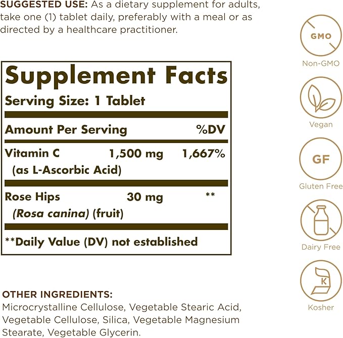 Solgar Vitamin C 1500 mg with Rose Hips - 90 Tablets - Antioxidant & Immune Support - Non-GMO, Vegan, Gluten Free, Dairy Free, Kosher - 90 Servings