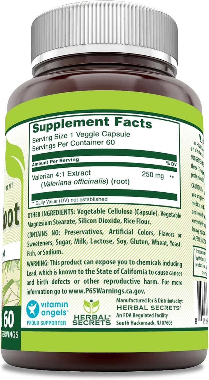 Herbal Secrets Valerian Root Extract 4:1 250 Mg 60 Veggie Capsules Supplement | Non-GMO | Gluten Free | Made in USA