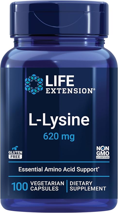 Life Extension L-Lysine, 620 mg, Essential Amino Acid for Healthy nitrogen Balance, Calcium Metabolism, Stress Response & More, Gluten-Free, Non-GMO, Vegetarian, 100 Capsules