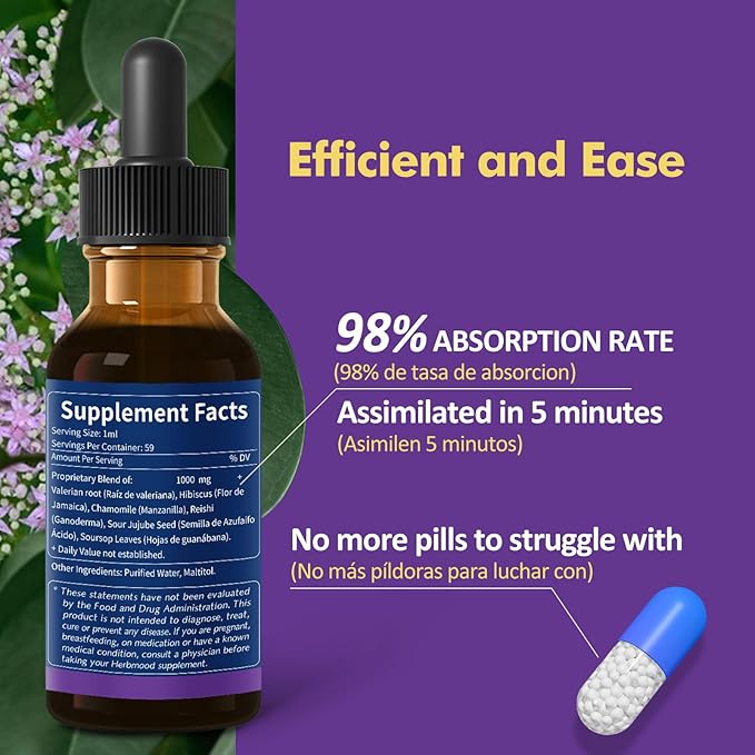 Valerian Root Sleep Support Drops, Gotas de Manzanilla y Flor de Jamaica y Valeriana para Dormir, Nature Herbal Extract Liquid for Deep Sleep. 4oz