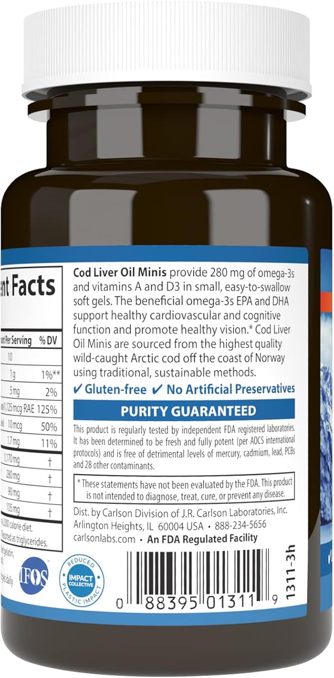 Carlson - Cod Liver Oil Minis, 280 mg Omega-3s + Vitamins A & D3, Heart Support & Cognitive Function, Vision Health, 100 Mini Softgels