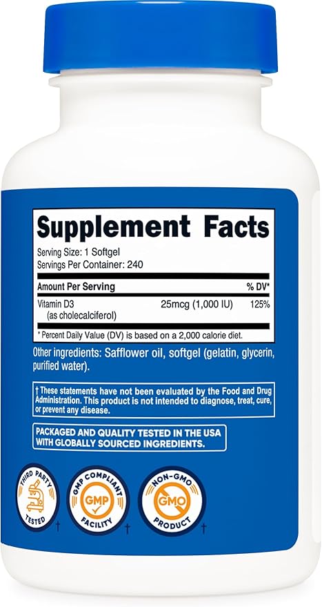 Nutricost Vitamin D3 1000 iu Softgels, 240 Softgels - Non-GMO & Gluten Free