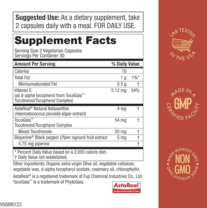Purity Products AstaFX Astaxanthin Antioxidant Super Formula from Clinically Tested 4 mg AstaREAL with Tocotrienols (Vitamin E) + BioPerine Black Pepper + Piperine - 60 Vegetarian Caps