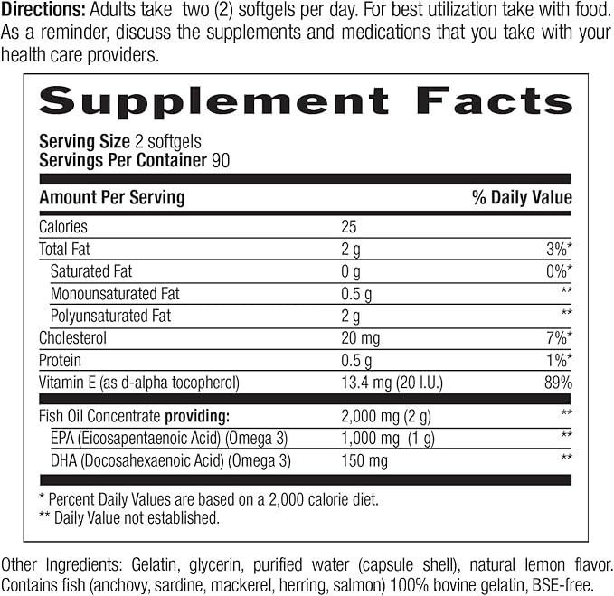 Country Life Omega 3 Fish Oil Supplement - High Concentration EPA and DHA Omega 3 Fatty Acids - 2000mg Fish Oil for Emotional Health, Mood Support, and No Fish Taste - Natural Lemon Flavor