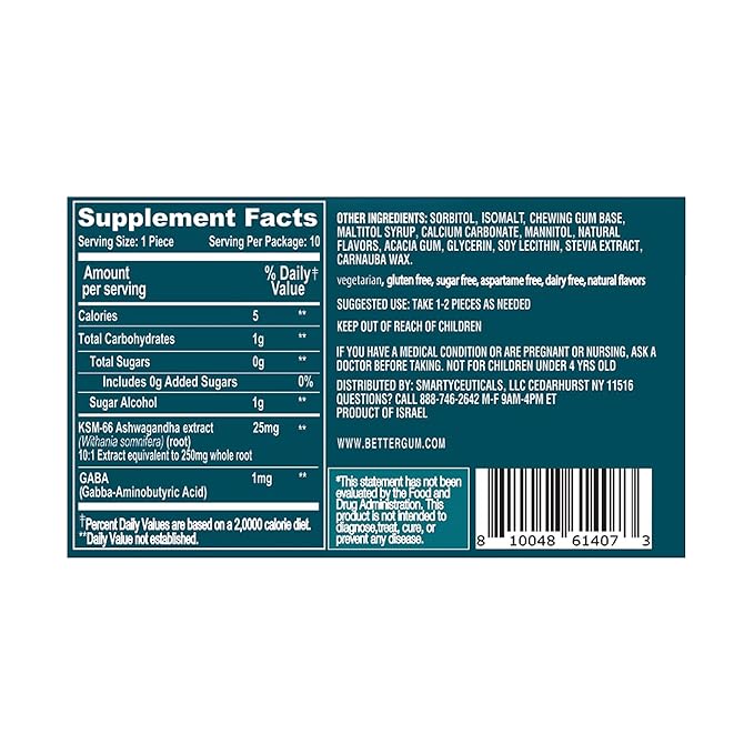 AshwaGum RELAX Gum by BetterGum, High Potency Supplement with KSM 66 Ashwagandha and Gaba, Supports Stress and Tension Relief, Alternative to Gummies, Sugar-Free, 10 Pieces - 6 Pack