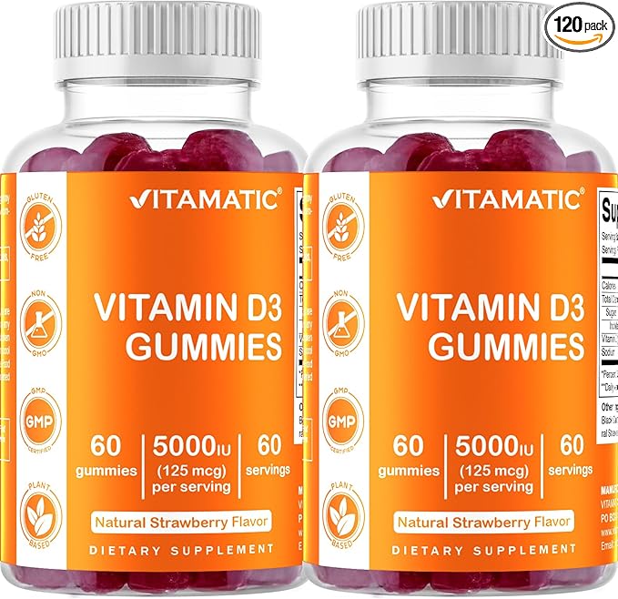 Vitamatic Vitamin D3 Gummies – 5000 IU Per Gummy | 60 Gummies per Bottle | Pack of 2 (Total 120 Count) Great Taste | Supports Bone, Teeth, Mood, Joint & Immune Health