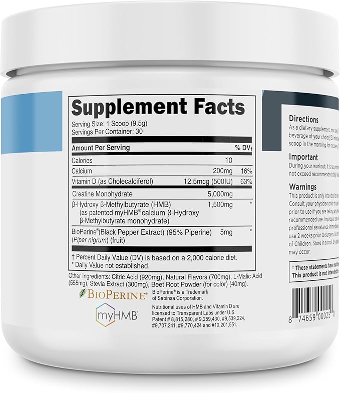Transparent Labs Creatine HMB - Creatine Monohydrate Powder with HMB for Muscle Growth, Increased Strength, Enhanced Energy Output, and Improved Athletic Performance - 30 Servings, Strawberry Lemonade