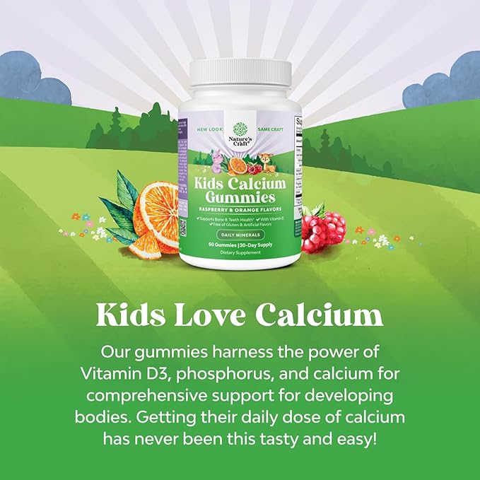 Natures Craft Tasty Kids Calcium Gummies - Vitamin D & Calcium Gummies for Children - Vitamin with & D for Muscle Bone Development Gelatin-Free Kosher Childrens 60ct (1 Pack)
