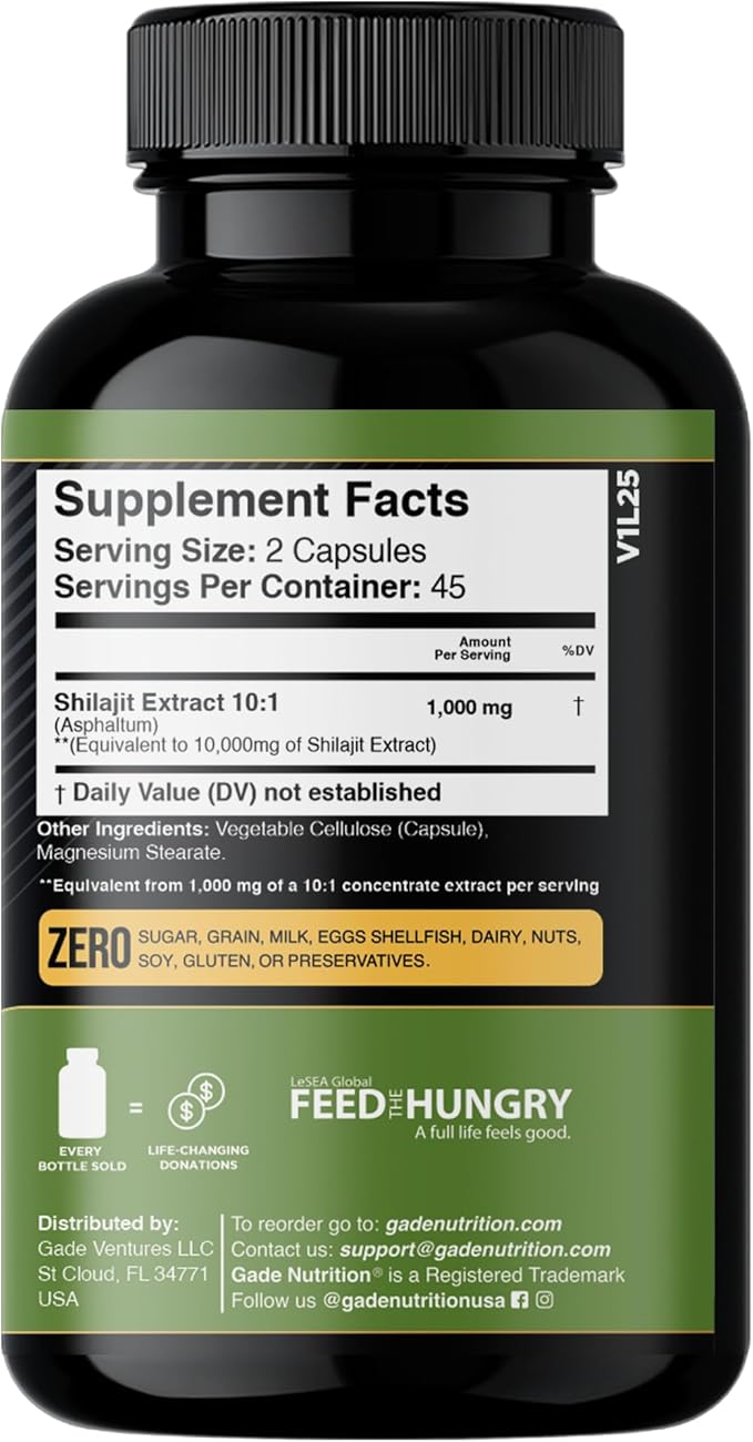 Gade Nutrition Pure Shilajit Capsules | Himalayan Shilajit with Fulvic Acid and Essential Minerals to Combat Fatigue | Veggie Capsules | Made in USA