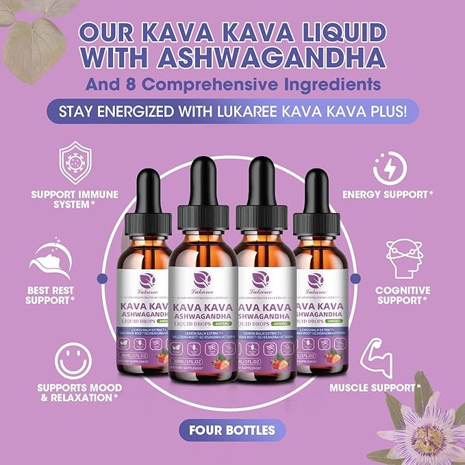 (4 Pack) Kava Kava Root Extract Supplement - Calming High Concentration Kava w/ Ashwagandha, Lemon Balm, Valerian Root for Relaxation, Liver, Cognitive Support & Immune System,Vegan, Alcohol-Free